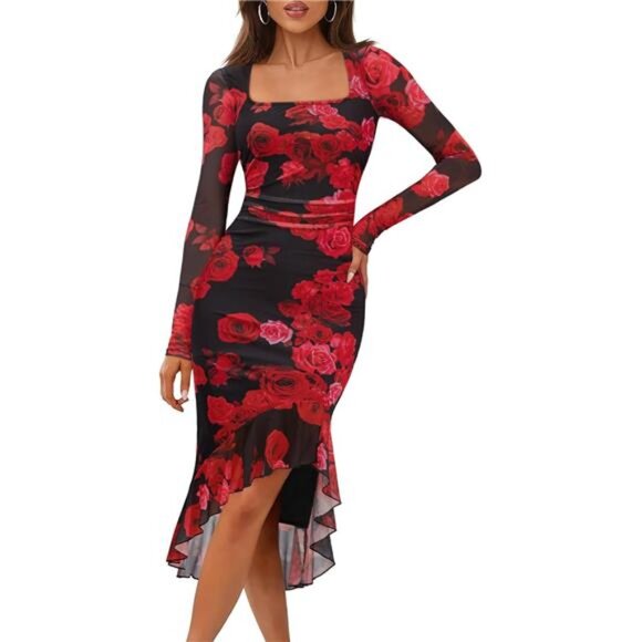 Women's Long Sleeve Fall Dress Bodycon Square Neck Mesh Cocktail Midi Dress - Picture 1 of 6